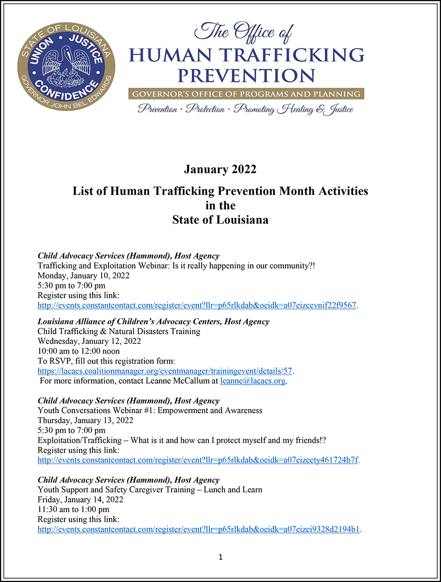 Anti-Human Trafficking: Human Trafficking Prevention Month Activities in Louisiana